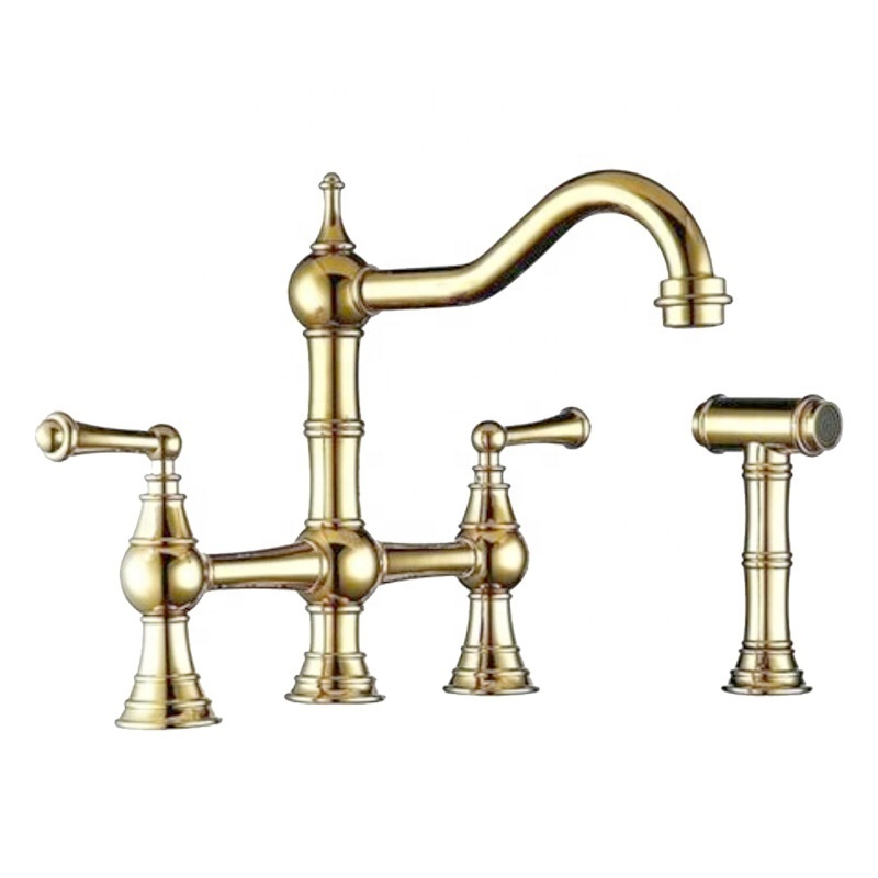 Kinglions Brushed Gold 4 Holes 2 Handle 8 Inch Centerset Bridge Kitchen Faucet Brass with Side Sprayer For Kitchen Sinks