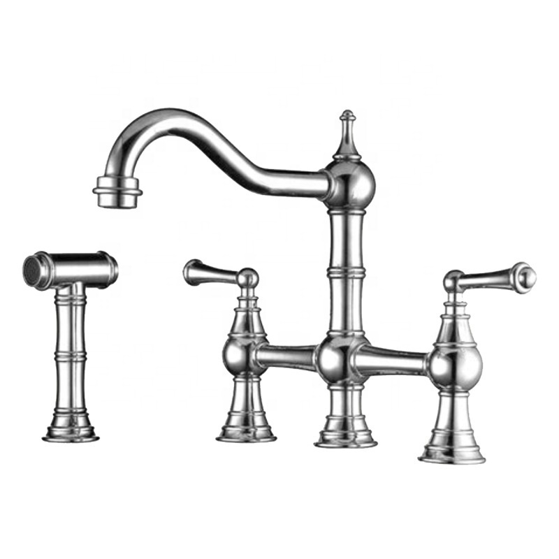 Kinglions Brushed Gold 4 Holes 2 Handle 8 Inch Centerset Bridge Kitchen Faucet Brass with Side Sprayer For Kitchen Sinks