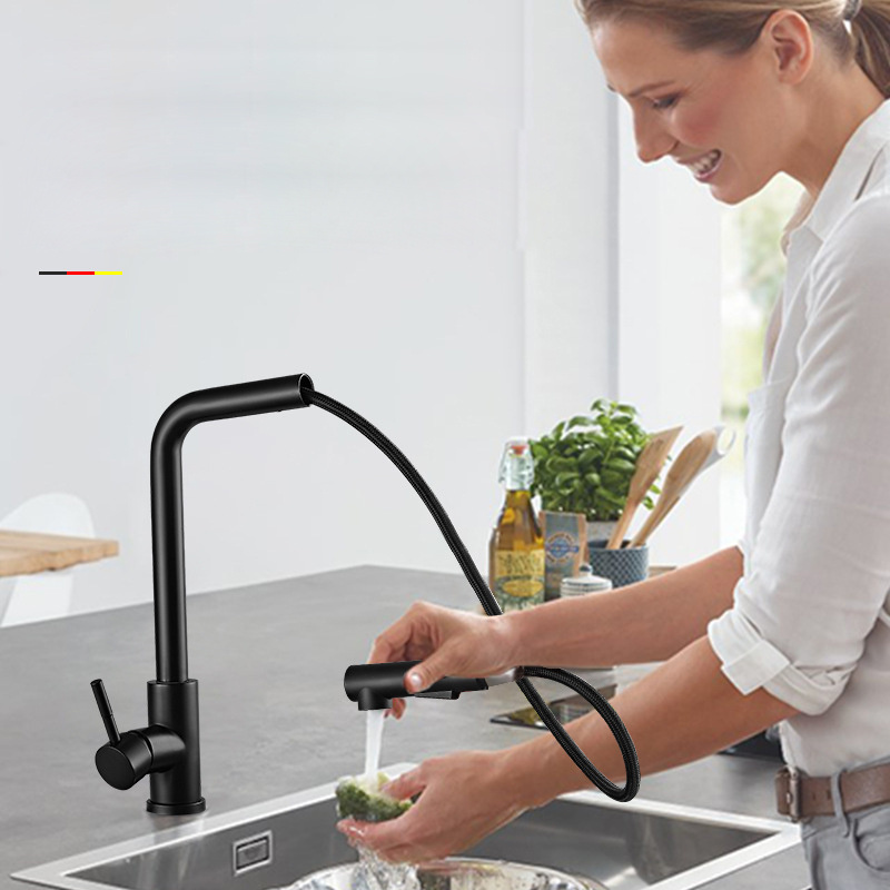 Deck Mounted Single Handle Black Pull Out Pull Down Spring Extension Kitchen Faucet Tap with Sprayer