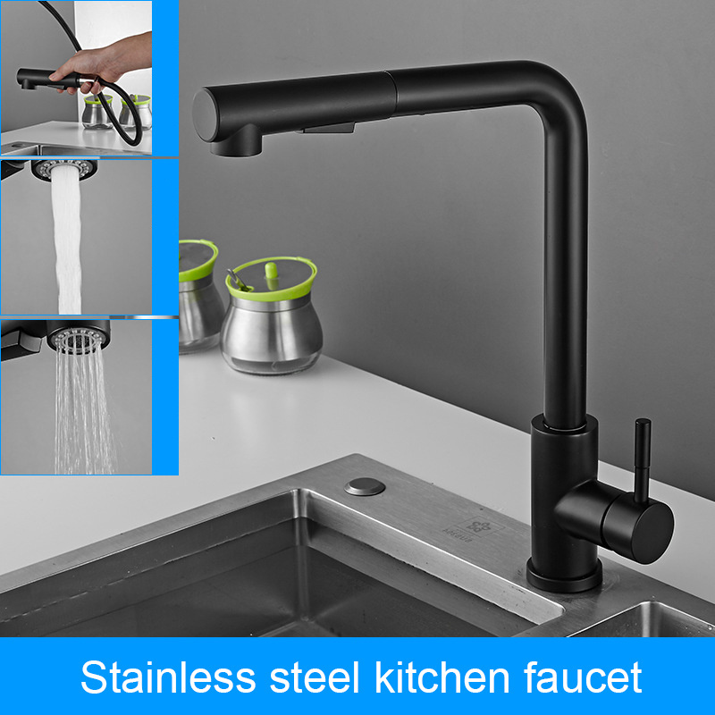 Deck Mounted Single Handle Black Pull Out Pull Down Spring Extension Kitchen Faucet Tap with Sprayer