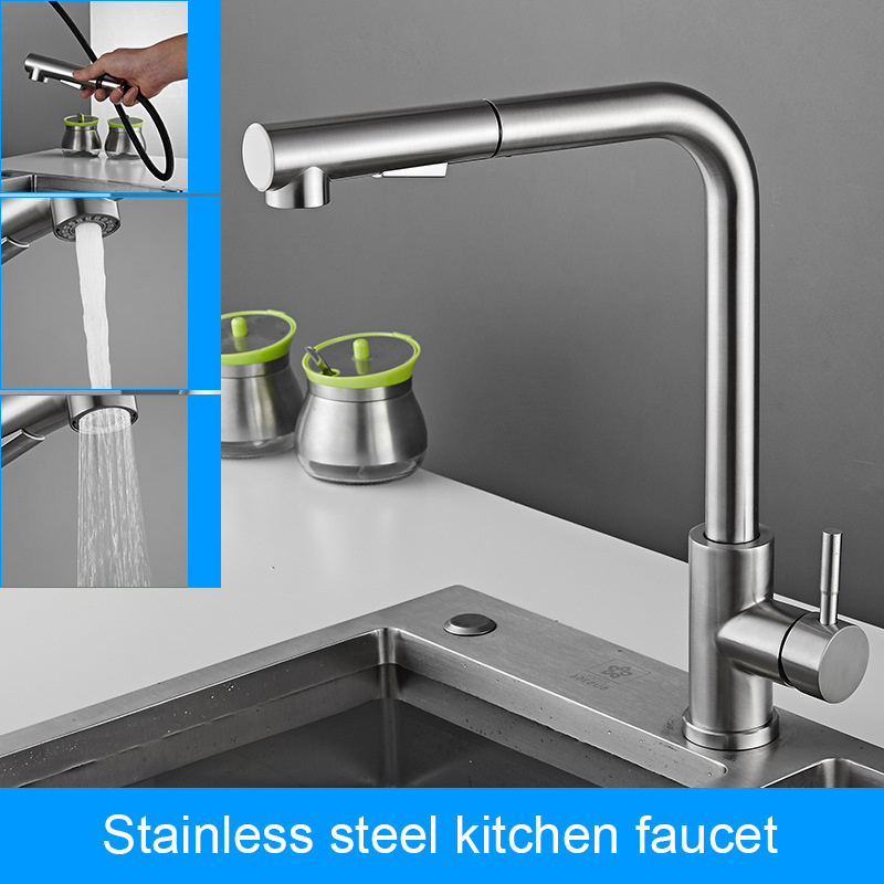 Deck Mounted Single Handle Black Pull Out Pull Down Spring Extension Kitchen Faucet Tap with Sprayer