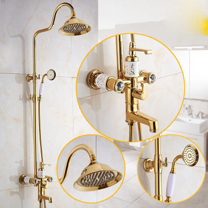 European Bathroom Thermostatic Wall-mounted Rain Shower Set Brass Golden Color Antique Shower Faucet