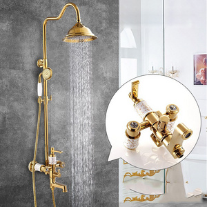 European Bathroom Thermostatic Wall-mounted Rain Shower Set Brass Golden Color Antique Shower Faucet