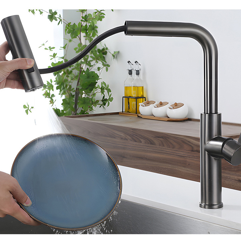 Kinglions Factory customization gun grey Kitchen Sink Faucet  bowl Mixer Brass Single Handle Pull out Faucet