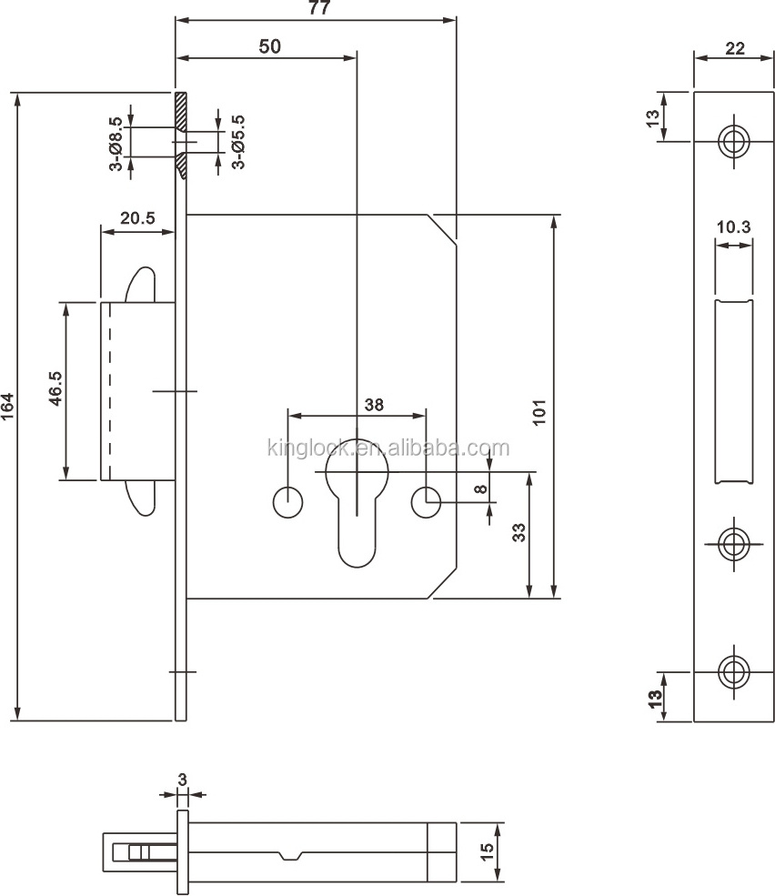 stainless steel 304  hook lock for sliding door, 50mm backset mortise hook lock