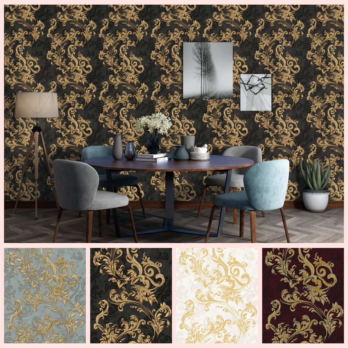 flower art damask deep embossed stone wallpaper