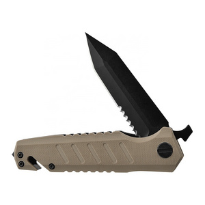 Pocket  Hunting Folding Knife Outdoor Seatbelt Cutter G10 Handle Camping Knife seratted blade folding knives with belt cutter