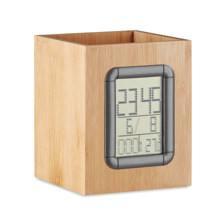 Bamboo penholder with digital calendar, alarm clock and thermometer