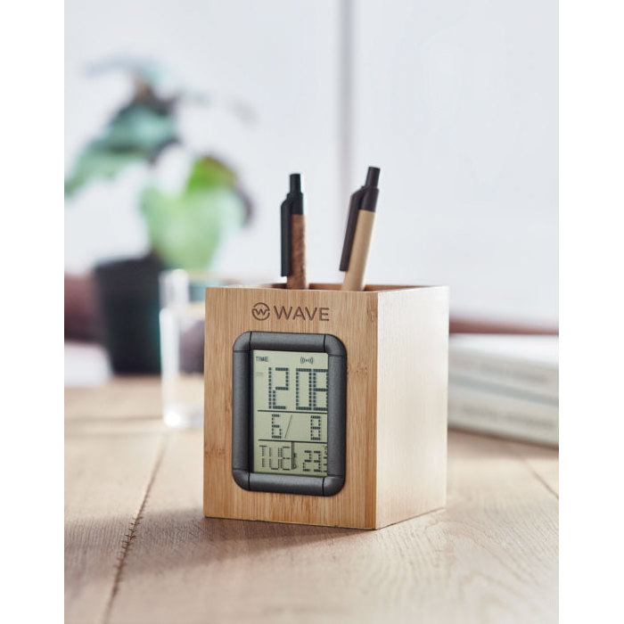 Bamboo penholder with digital calendar, alarm clock and thermometer