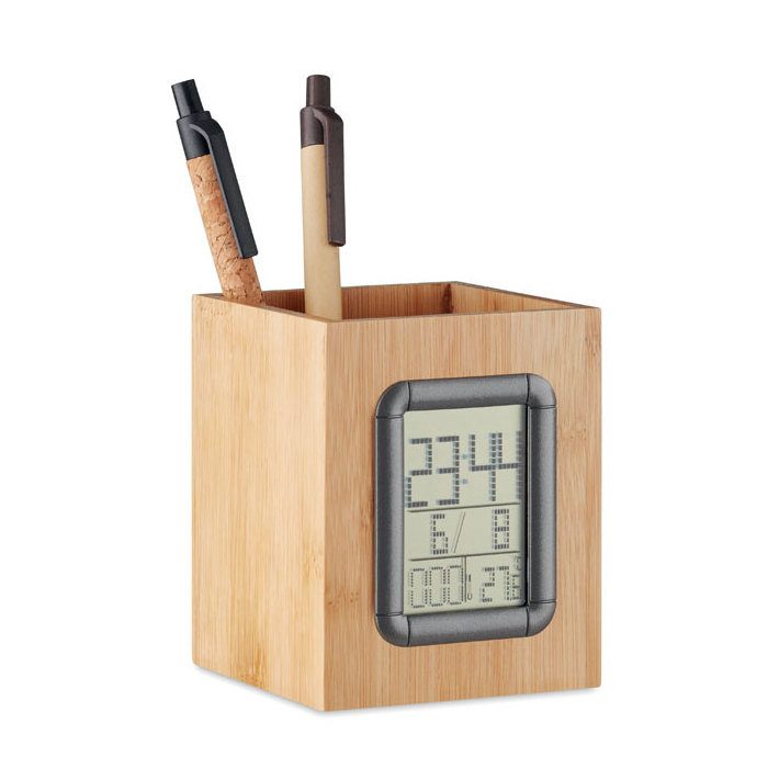 Bamboo penholder with digital calendar, alarm clock and thermometer