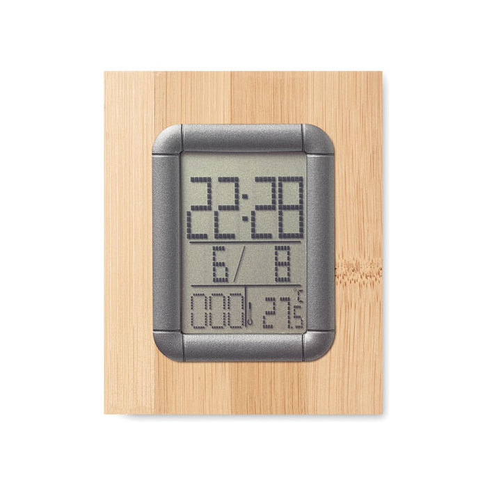 Bamboo penholder with digital calendar, alarm clock and thermometer