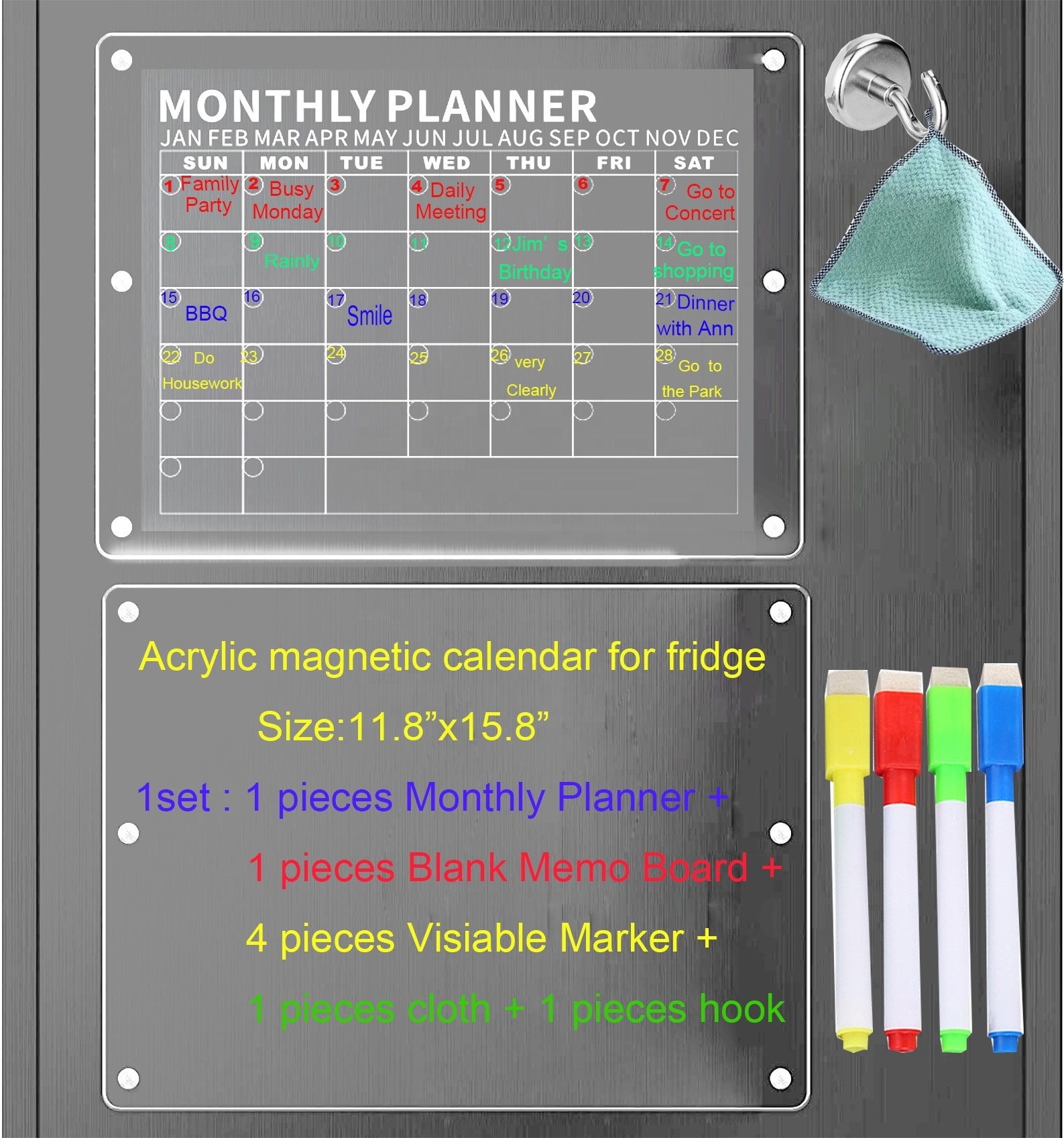 Factory Customized Monthly Weekly Daily Planner Calendar Fridge Clear Acrylic Fridge Magnetic Dry Eraser Board with makers