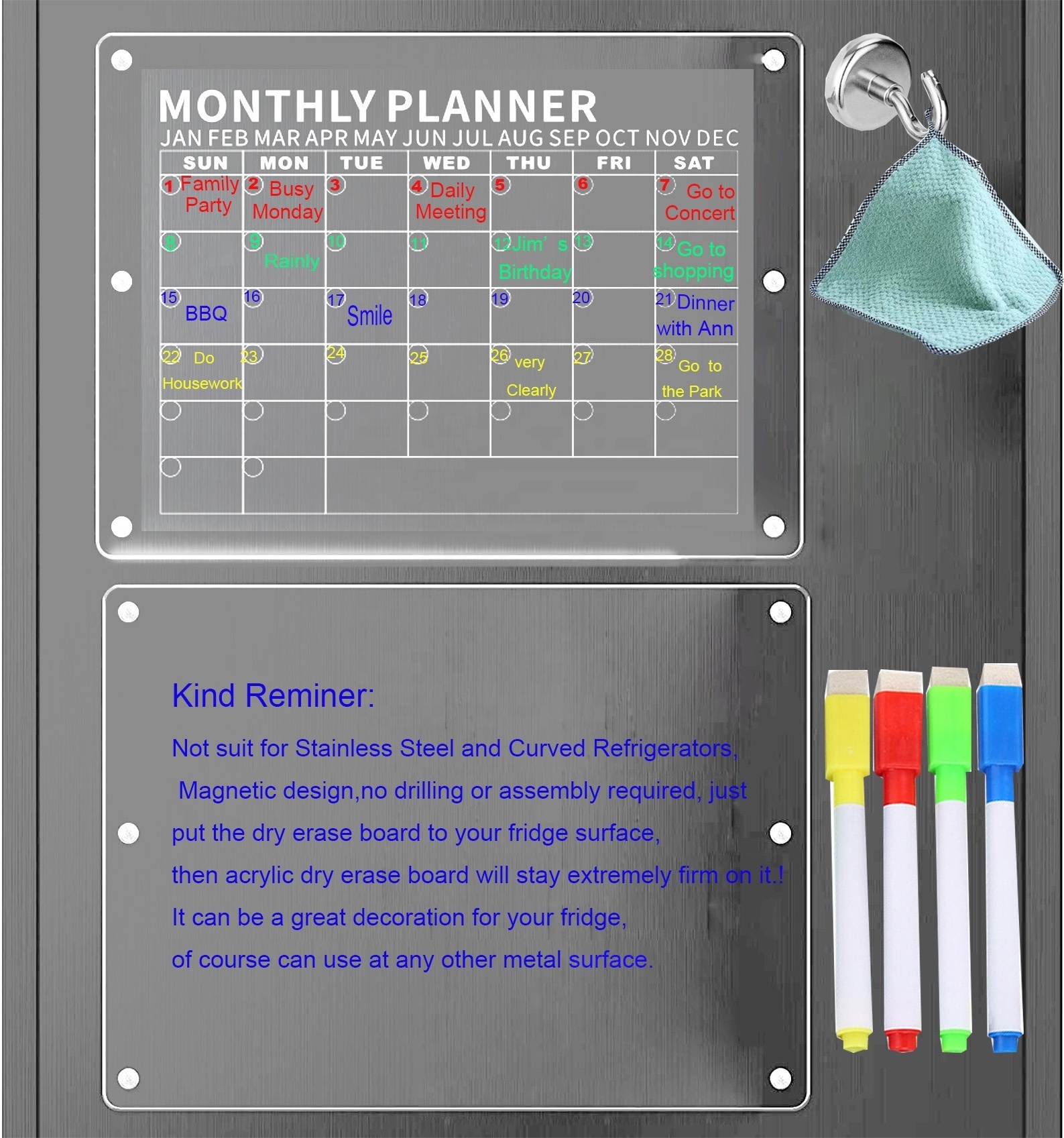 Factory Customized Monthly Weekly Daily Planner Calendar Fridge Clear Acrylic Fridge Magnetic Dry Eraser Board with makers