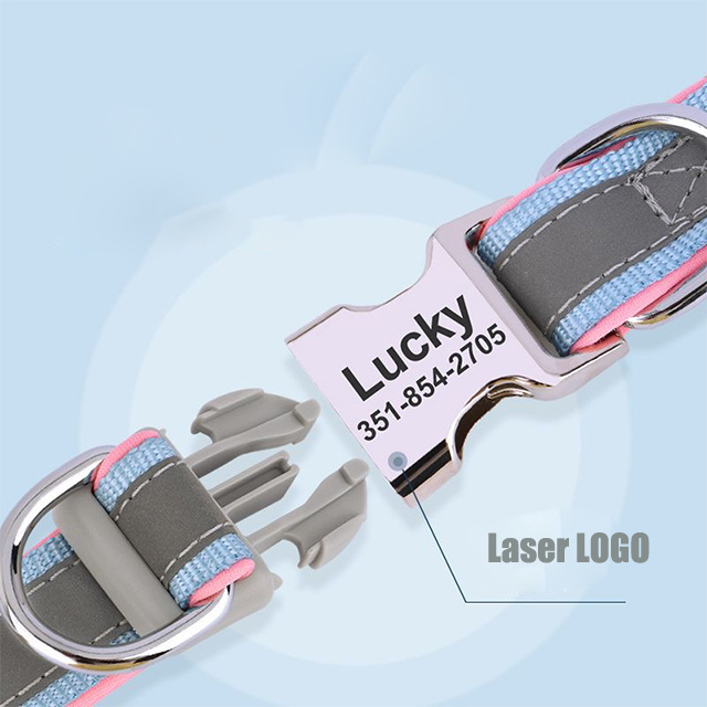 Adjustable Nylon Reflective Strip Dog Pet Collar Id Name Laser Engraved LOGO Quick Release Buckle Pet Training Collars