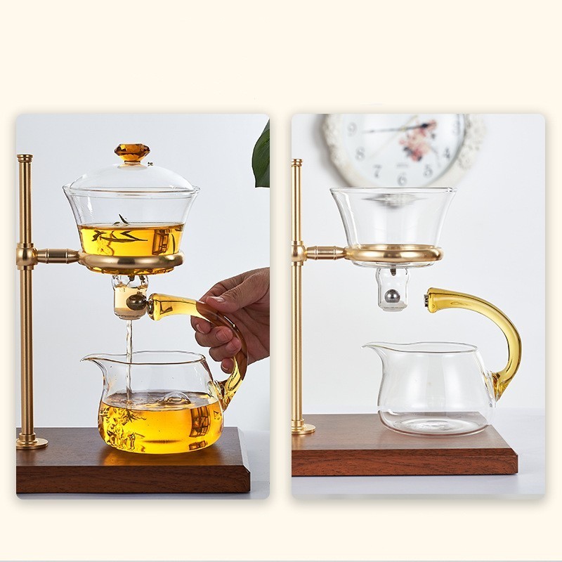 Magnetic Semi-automatic Teapot Suit Drip Rotating with Infuser Kungfu Teapot Set Tea Maker Borosilicate Glass with Gold Rack