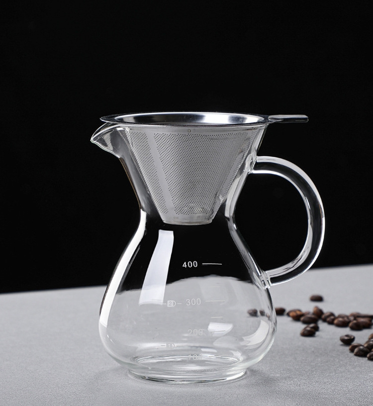 Coffee Dripper Pour Over Coffee Brewer Maker Glass Drip Coffee Pot with Double-Layer Stainless Steel Cone Filter