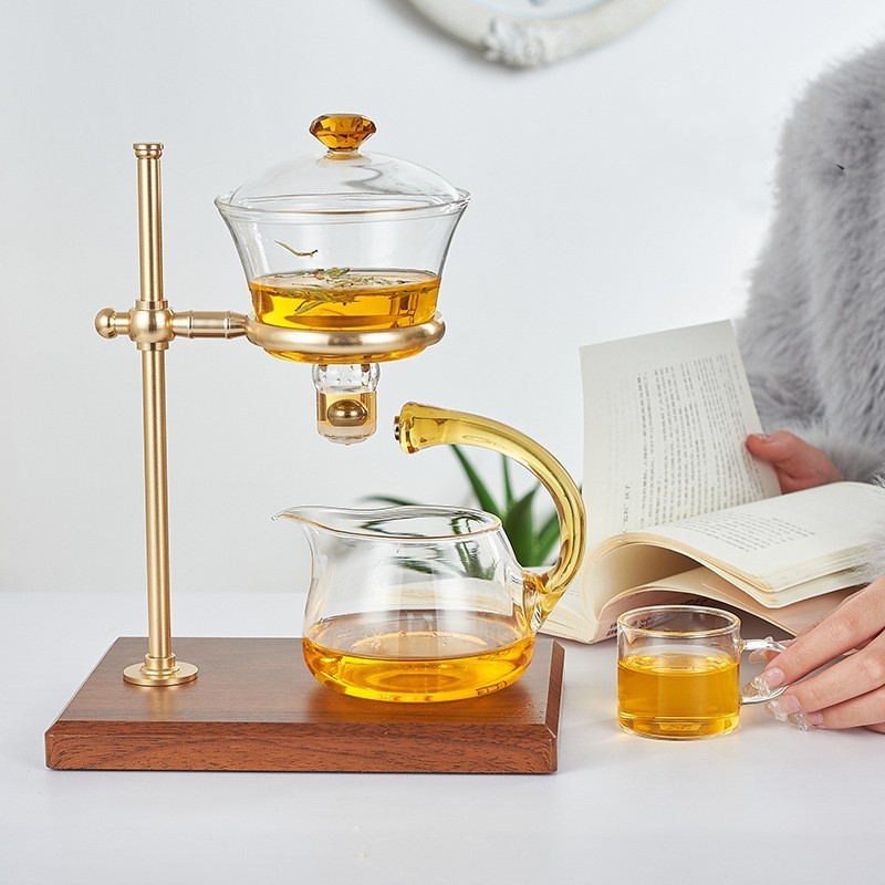 Magnetic Semi-automatic Teapot Suit Drip Rotating with Infuser Kungfu Teapot Set Tea Maker Borosilicate Glass with Gold Rack