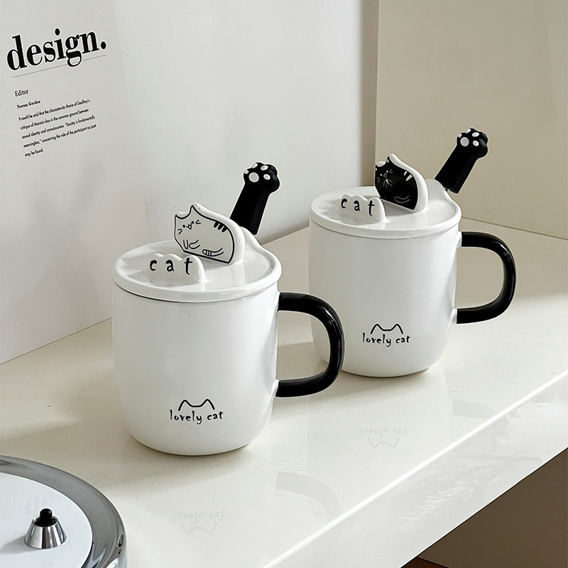 Black and White Minimalist Cat Phone Holder Ceramic Mup with Lid and Spoon Cute Cartoon Mug Office Couple Coffee Cup