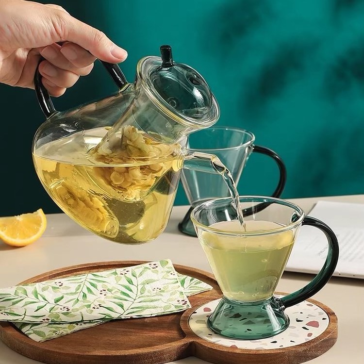 Decorative Heat Resistant Glass Teapot With strainer Infuser And Lid infusion tea pot set in stock