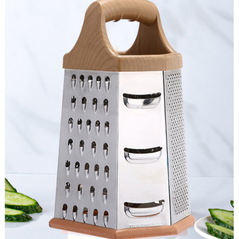 Multifunctional Stainless Steel 6 in 1 Box Grater with Wood Pattern Handle Fruit & Vegetable Cutter Potato Peeler Carrot Slicer