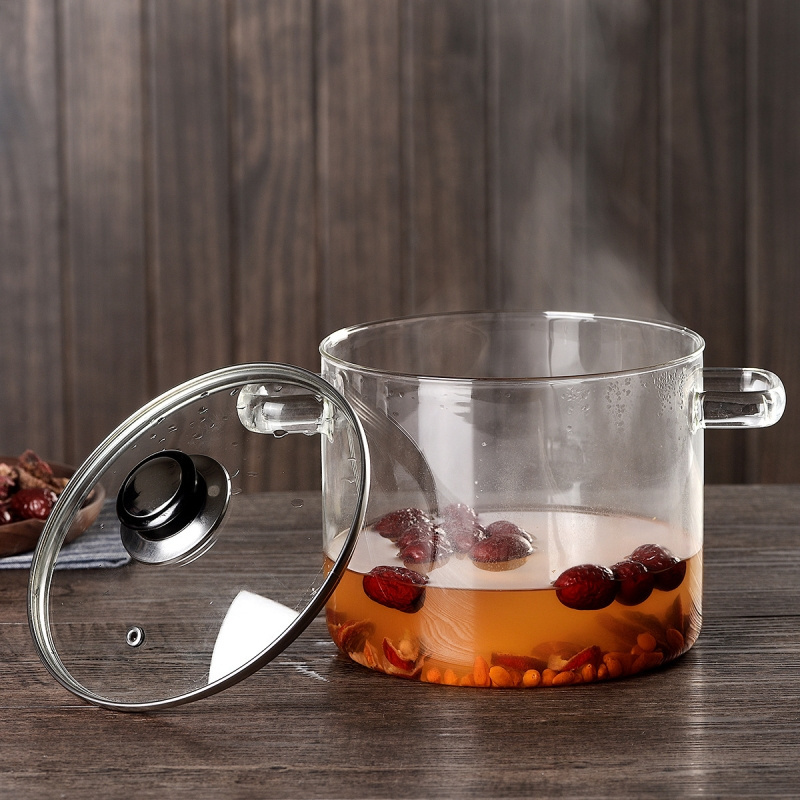 High Borosilicate glass Large capacity boiling pot with lid and two handles like ears