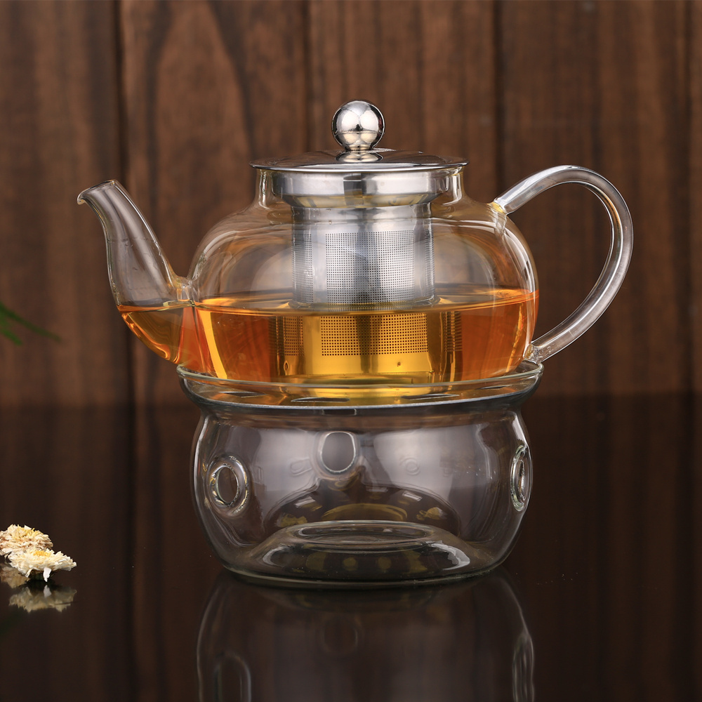 Hand Blown Heat Resistant Clear Glass Tea Set Teapot with Infuser and tea light candle Warmer / heater