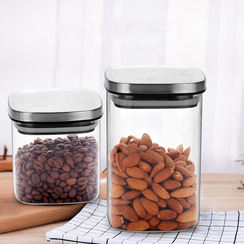 Square Jar - Glass Containers With Airtight Lid for Food Storage Glass Jar Square with Stainless Steel Lid Glass Jar Set