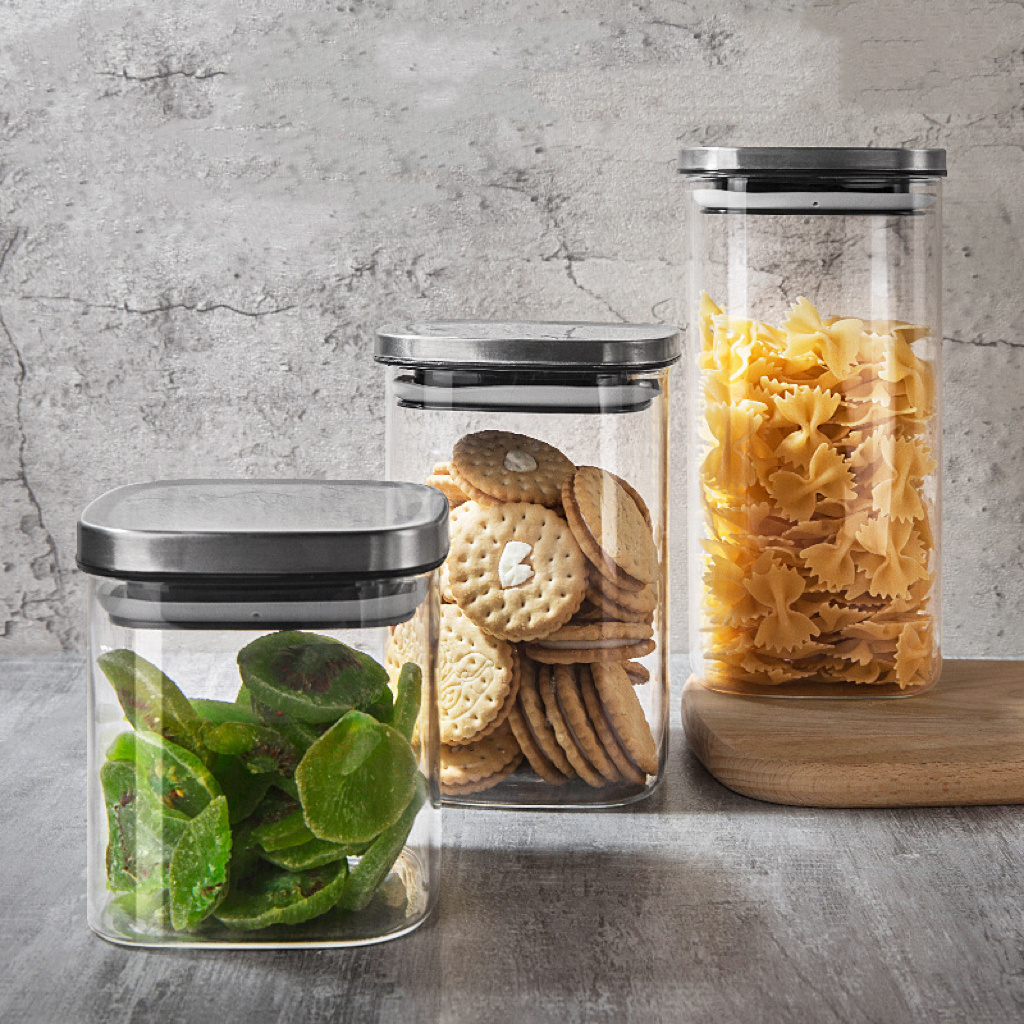 Square Jar - Glass Containers With Airtight Lid for Food Storage Glass Jar Square with Stainless Steel Lid Glass Jar Set