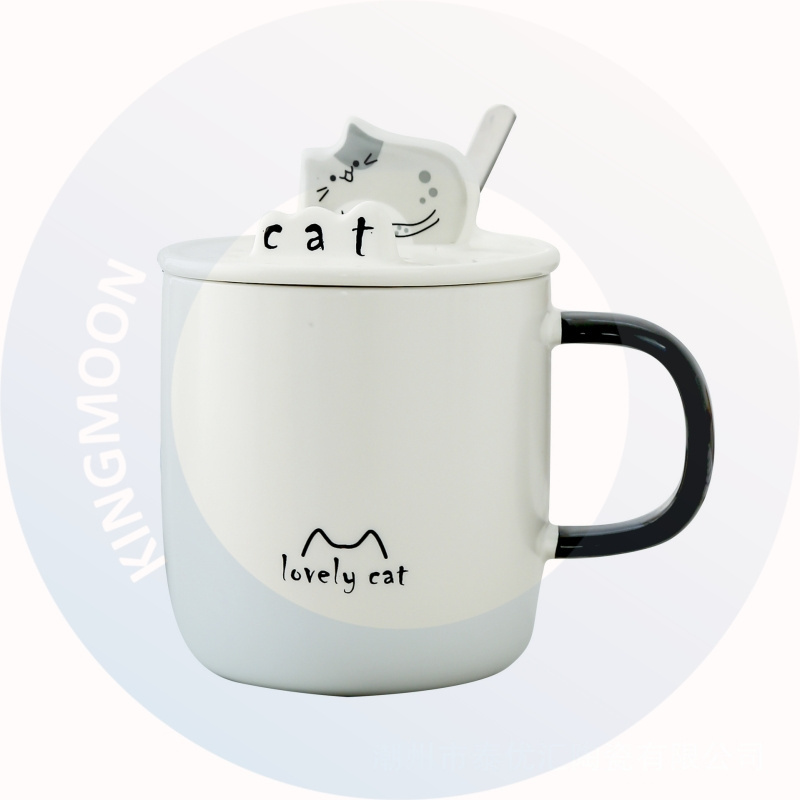 Black and White Minimalist Cat Phone Holder Ceramic Mup with Lid and Spoon Cute Cartoon Mug Office Couple Coffee Cup