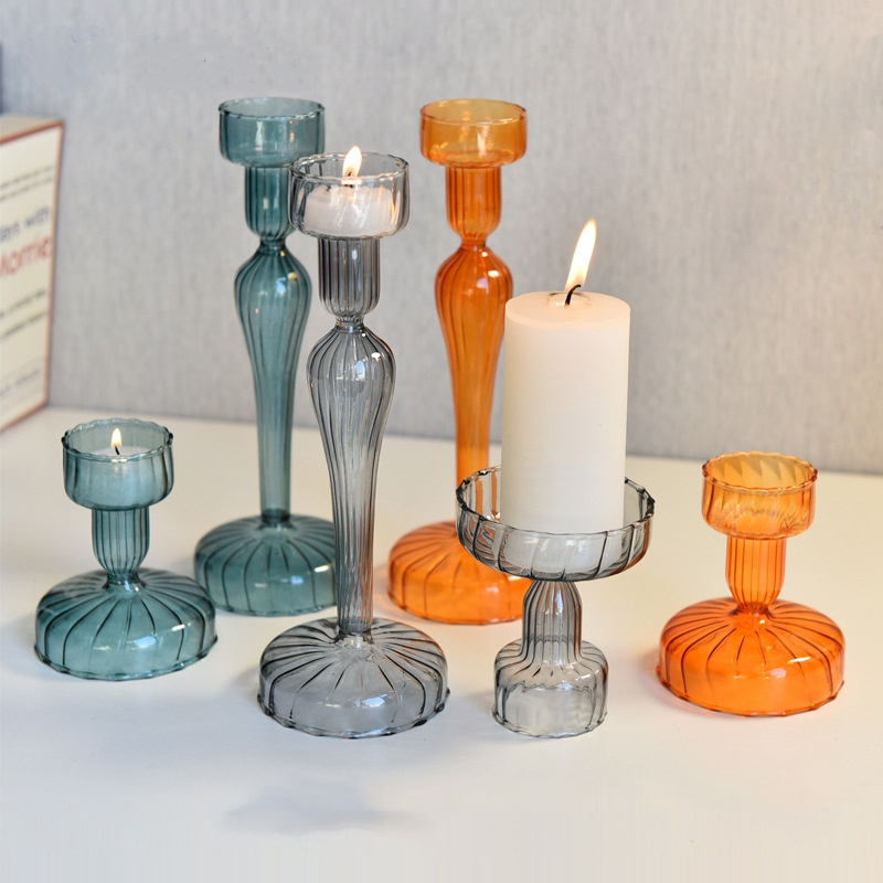 Modern Retro Creative Desktop Decoration Ribbed Glass Candle Stick Candle Holder