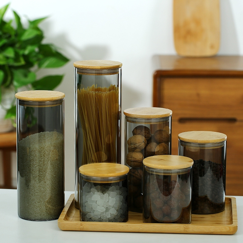 Kitchen Sealed Storage Tank Glass Container High Borosilicate with Bamboo Lid Food Kitchen Accessories Storage Bottles & Jars