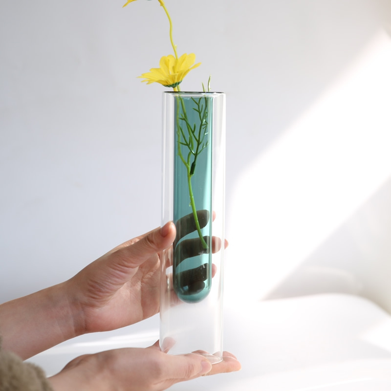 Hot Selling Modern Small Unique High Borosilicate Double Wall Table Glass Vase for Flowers