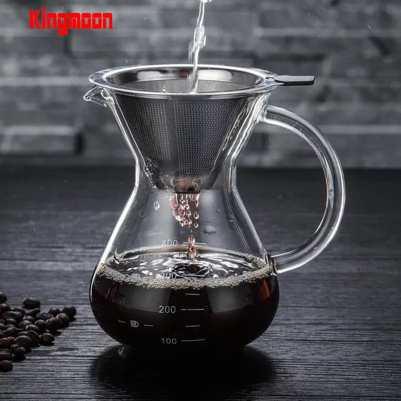 Coffee Dripper Pour Over Coffee Brewer Maker Glass Drip Coffee Pot with Double-Layer Stainless Steel Cone Filter