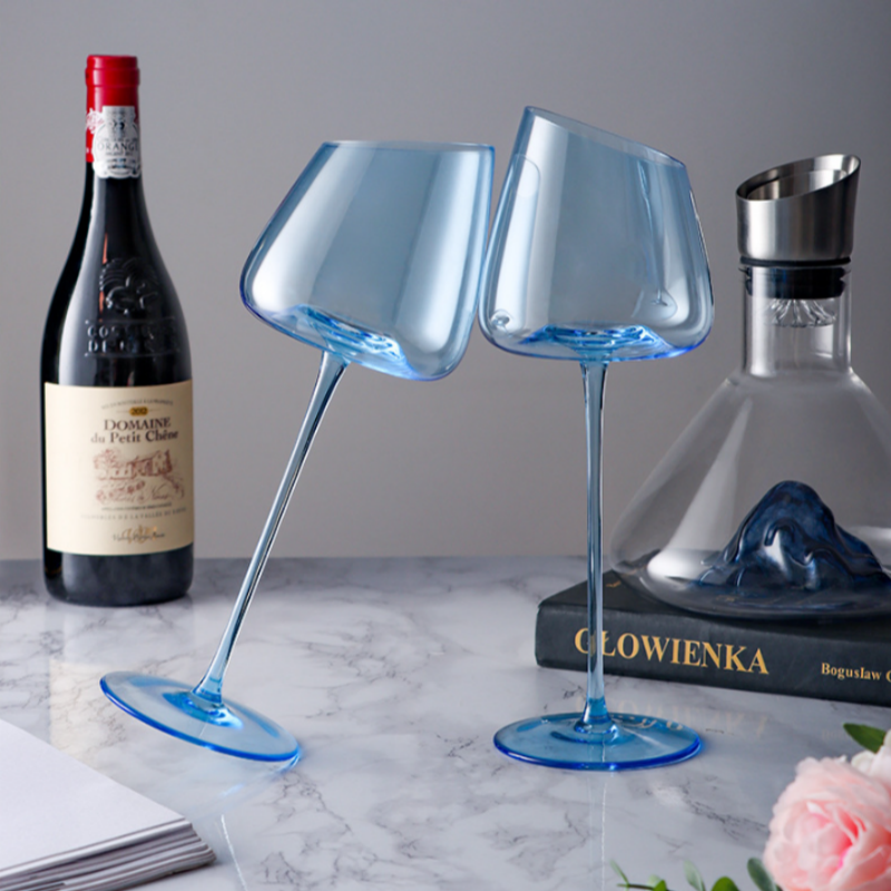 Wholesale Price Long Stem Slanted Mouth Blue Colored Red Wine Champagne Glass Goblet