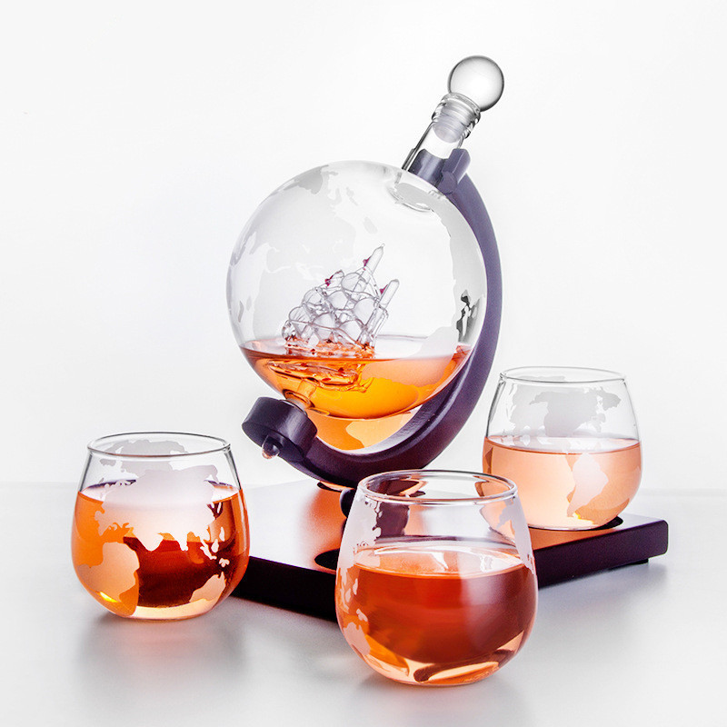 Globe Shape Whiskey Wine Decanter Set Tableware CN;HEB Transparent Box Glass Clear Glass with World Map Printing White K-WD9729