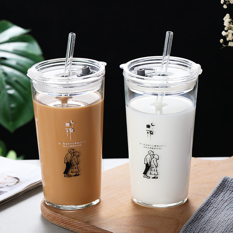 Glass Tumbler Straw Set Glass Cup with Lid and Glass for Juice Milk Tea Coffee High Borosilicate for 1 Modern Big Size