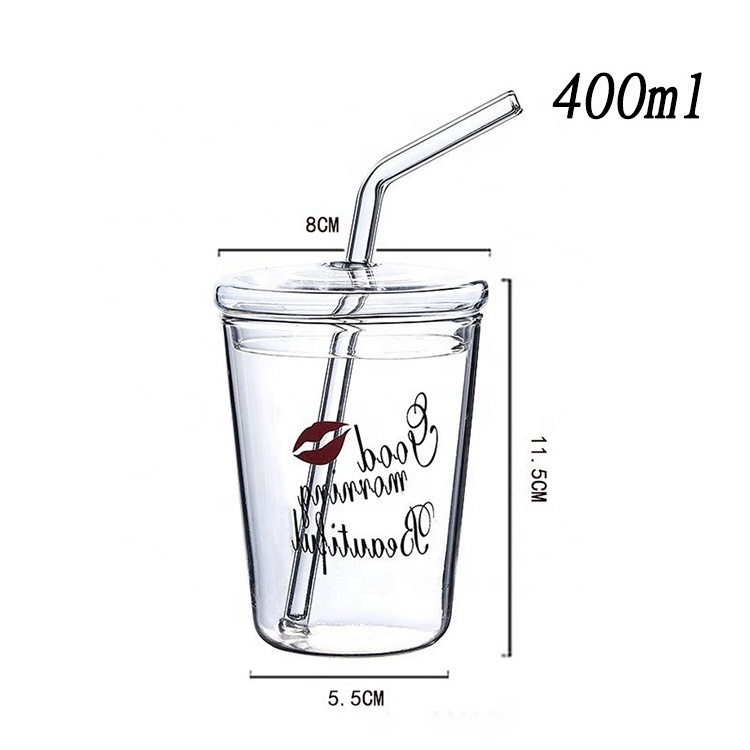 400ml Heat Resistant High Borosilicate Glass Cup with Glass Straw and Lid for Juice and Hot Beverage