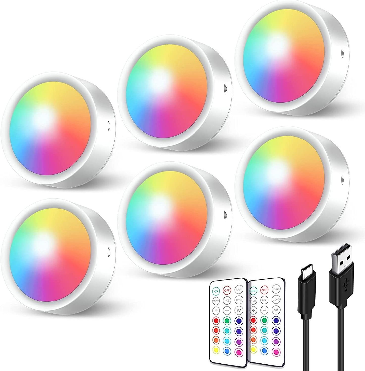 USB Rechargeable Puck Lights with Remote Control Wireless LED Under Cabinet Light Color Changeable Dimmable  Under Counter Light