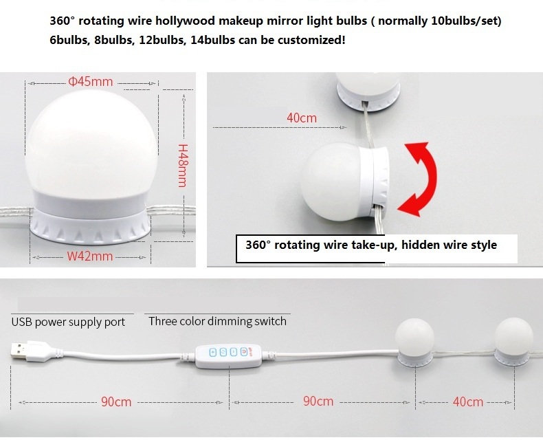 14 bulbs DIY led mirror light tricolor makeup light USB dimming mirror headlight 45mm 360 vanity mirror light bulbs