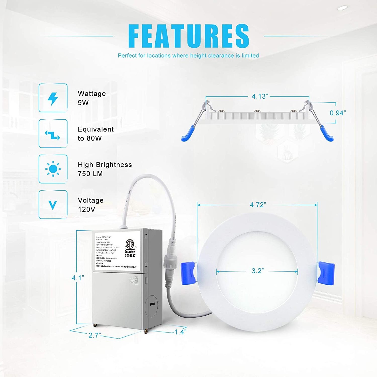 4 Inch Dimmable 9W Ultra-Thin LED Recessed Ceiling Light with J-Box White LED Panel Downlight lamp