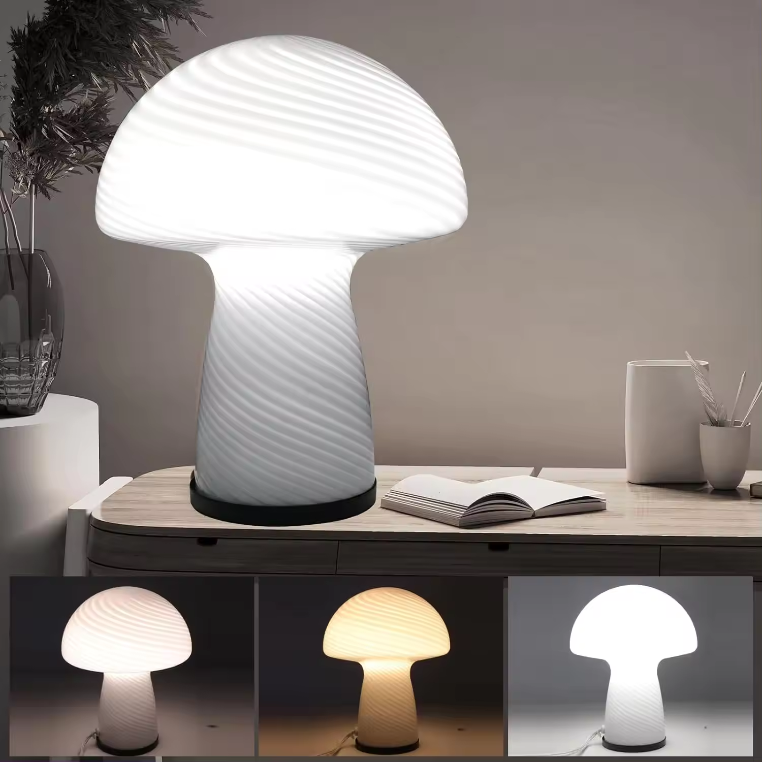 Translucent Vintage Style Desk Glass Nightstand LED Mushroom Table Lamp