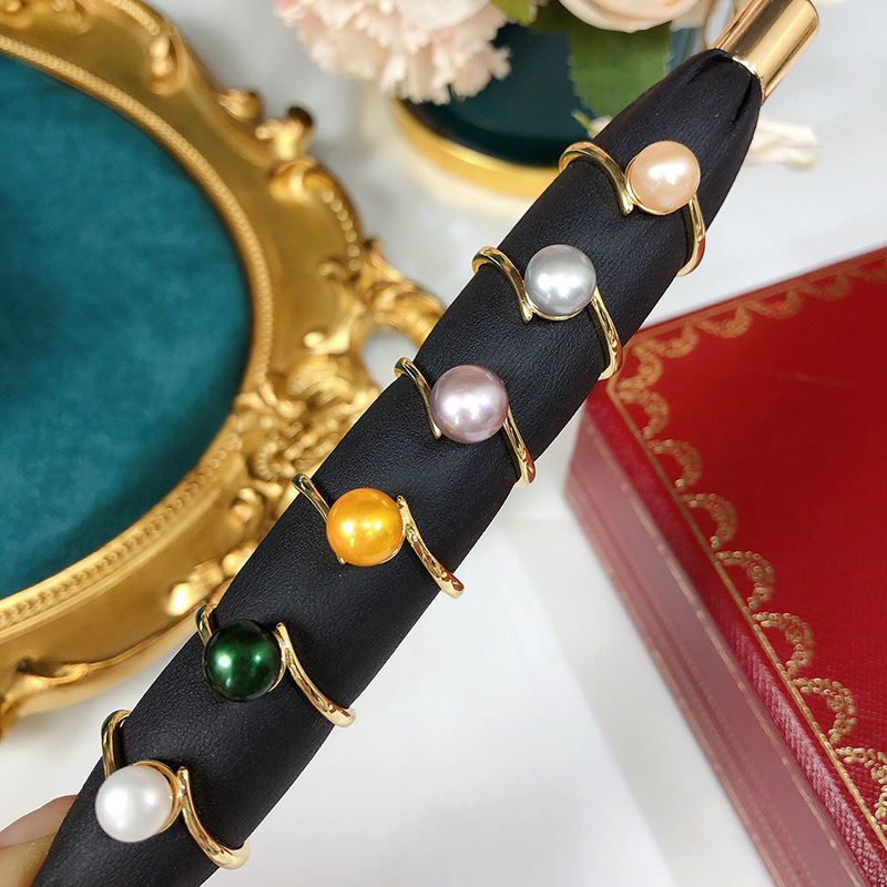 2024 New KP Colorful Fashion 14k Gold Plated Black White Gold Freshwater Pearl Rings Adjustable Natural Pearl Women Rings