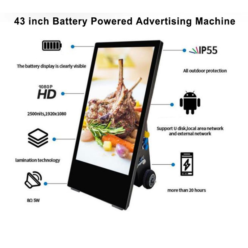 43 Inch Portable 4K Digital Signage and Display IP65 Waterproof Battery Powered LCD Advertising Player for Outdoor Advertising