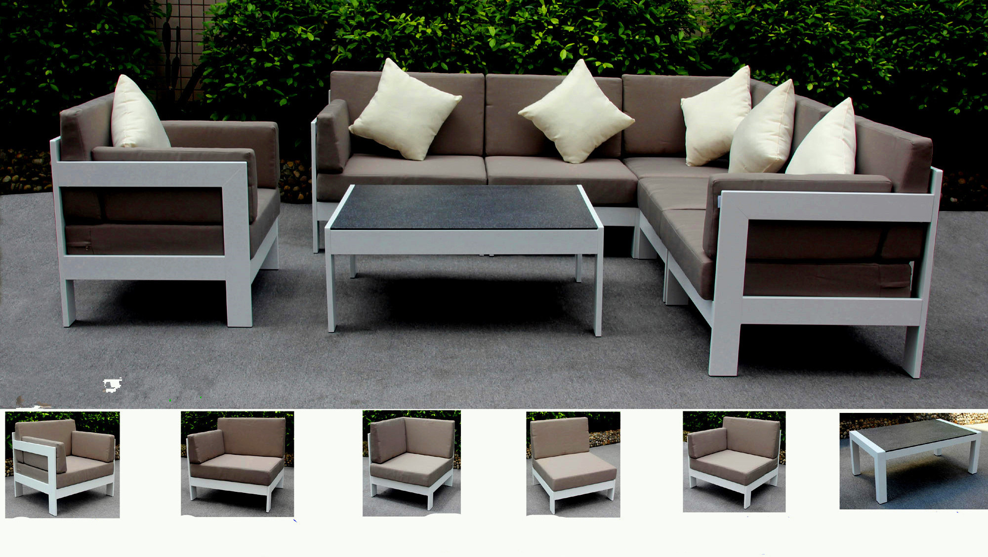 Outdoor hotel leisure Aluminum  Balcony patio Sectional Sofa Plastic wood table garden l shaped combined sofa Outdoor furniture