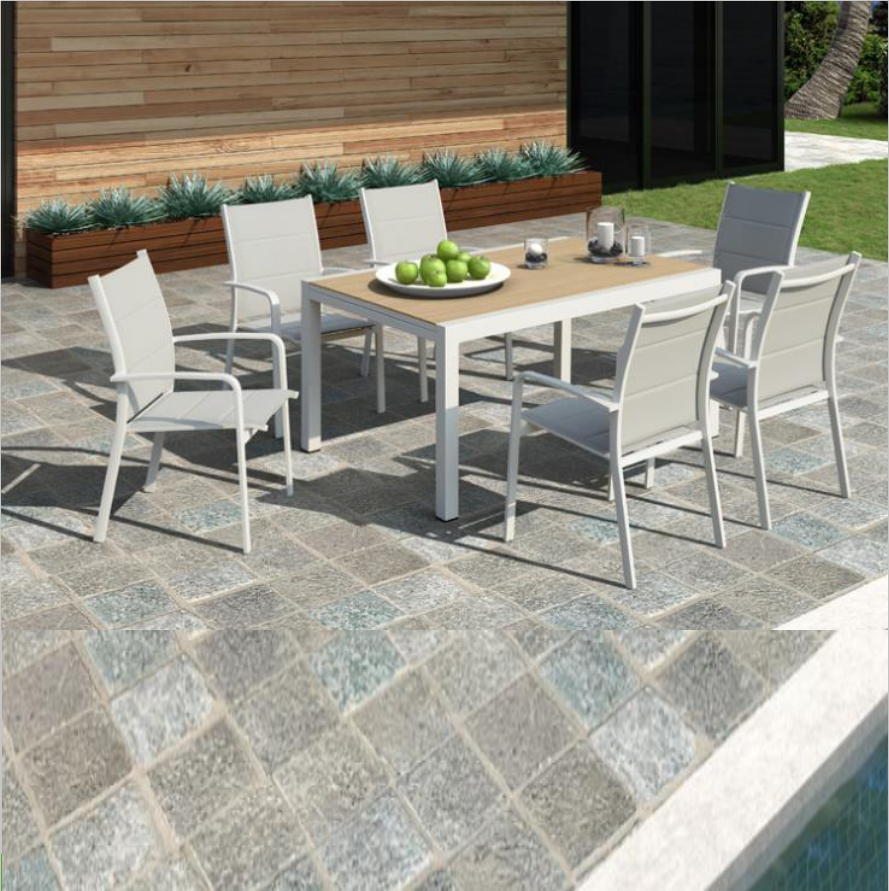 Flowering plum elegent white aluminum sling hot sale patio garden bar set Outdoor Hotel club bar table and chair furniture