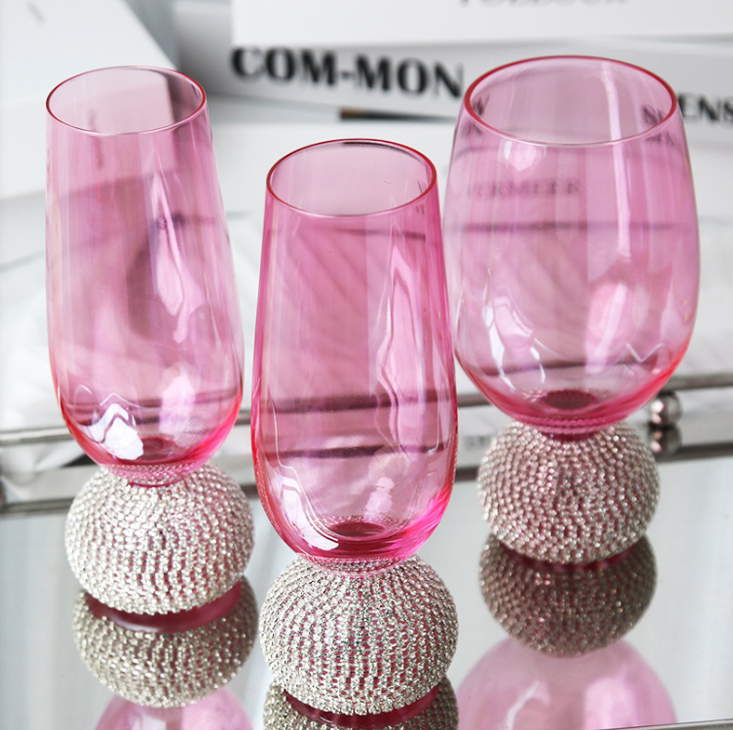 New Pink lovely Wine Martini Glasses Handmade Rhinestone Base Elegant Champagne Flutes Cocktail Margarita Glasses set