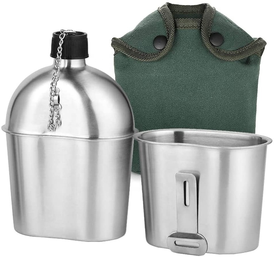 Hot Selling Stainless Steel Canteen 1QT Portable with 0.5QT Cup Green Cover Camping Hiking Backpacking canteen set