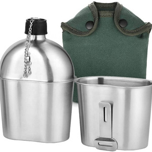 Hot Selling Stainless Steel Canteen 1QT Portable with 0.5QT Cup Green Cover Camping Hiking Backpacking canteen set