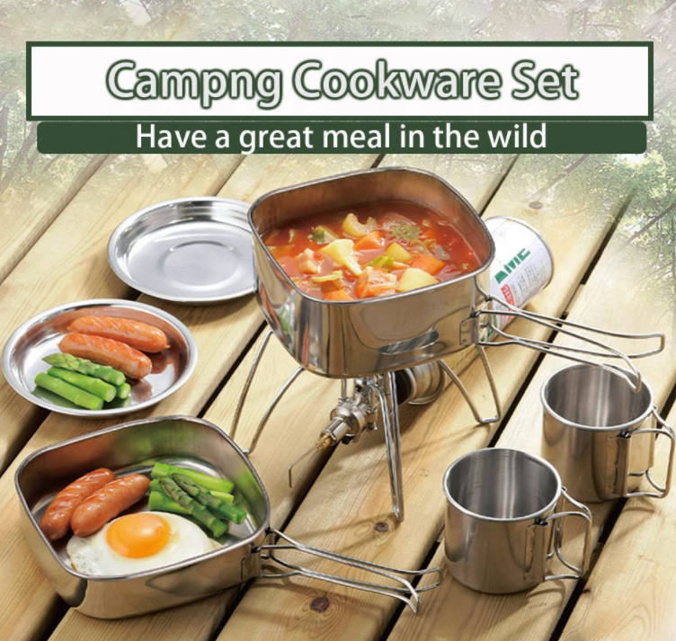 6pcs Portable Camping Cookware Mess Kit for Camping 2 Person Stainless Steel Lightweight Backpacking Camping Cooking Set