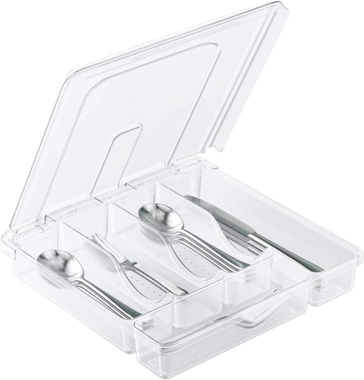 Silverware Organizer Flatware Cutlery Tray Dustproof Portable Kit for Drawer & Countertop with Lid Plastic with 5 Compartments